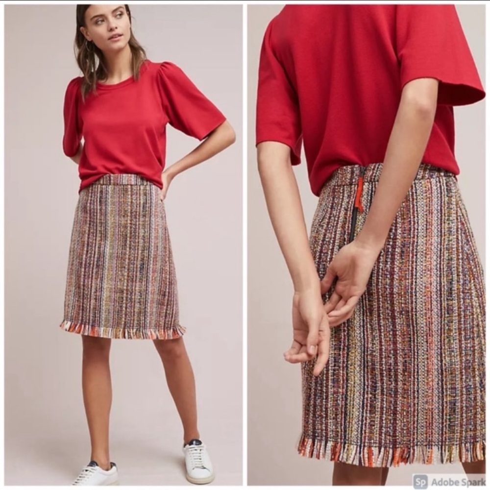 Maeve by Anthropologie Zaira Tweed Fringe Trim A Line Knee Length Skirt Size 10